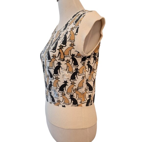 Jessica By Christopher L Womens Size M Allover Kitty Cat Beaded Print Vest Top - Picture 3 of 10